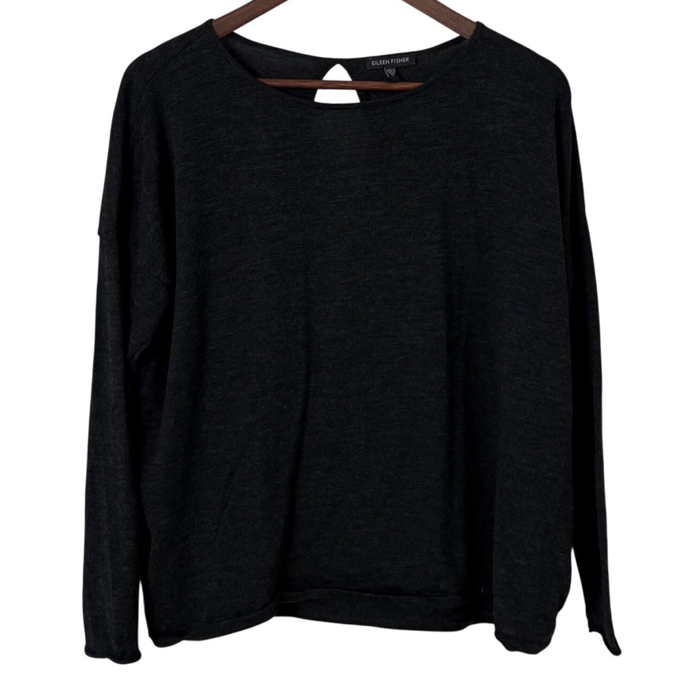 Eileen Fisher Sweater Women's M Gray Merino Wool Open Wrap Back Knit Minimal